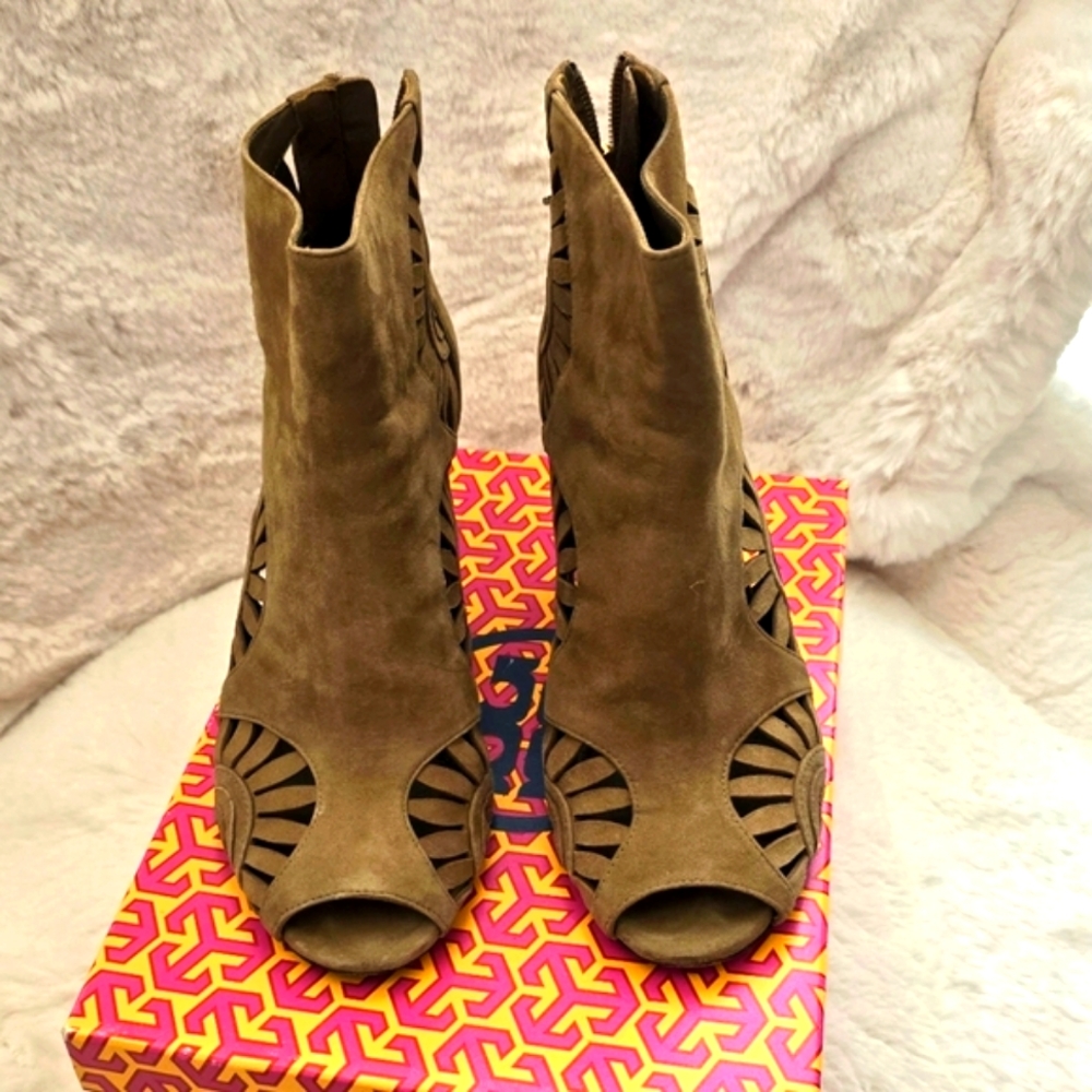 Tory Burch open toe sued ankle boots. Size 7.5